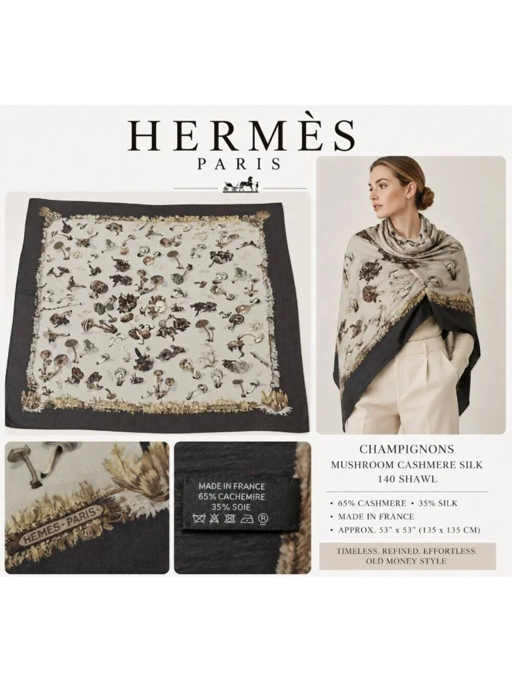 Hermès Paris Champignons Mushroom Cashmere Silk 140 Shawl Scarf Made in France
